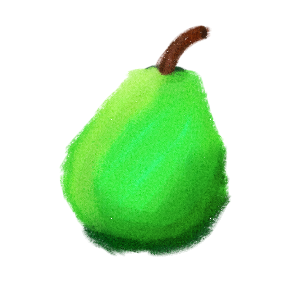  a big green pear with yellow green tones and a brown stem, stylized from the game animal crossing